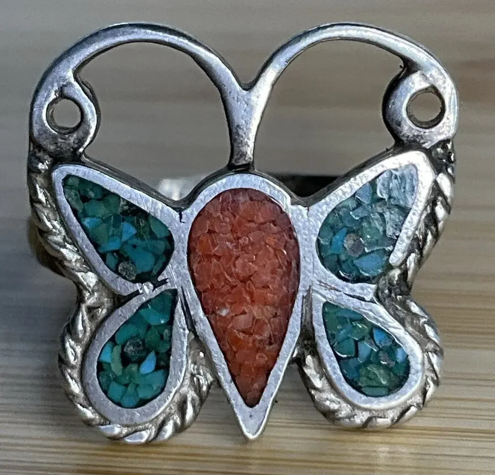 Vintage Sterling Silver Crushed Turquoise Native American Butterfly Ring Sz 5.5